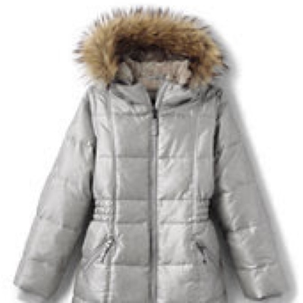 Lands End girls coat jacket 10 12 Silver; fur hood; fleece lined. Mint.
